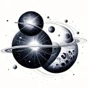 **Orbiting Elements:** Four distinct, delicately drawn celestial bodies or abstract crystalline forms (e.g., a small cre tattoo design idea