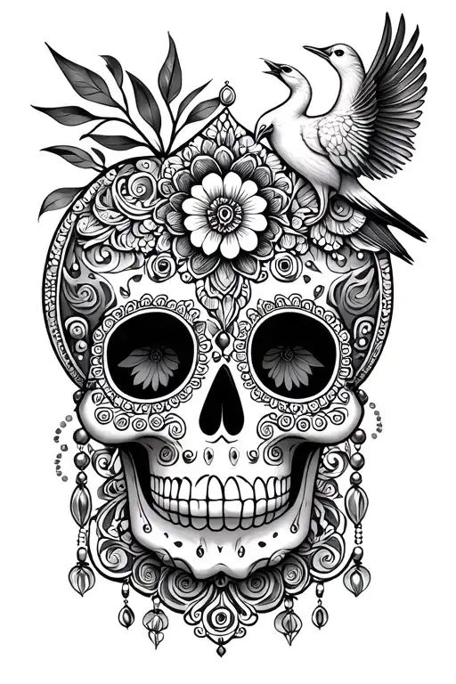 Elegant sugar skull tattoo with detailed ornamentation, incorporating Pashtun jewelry patterns, a small crane bird in fl tattoo design idea
