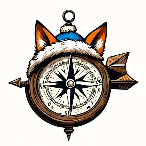 a compass with fox ears above his woolly hat and an arrow through it from nurth-west to south-east tattoo design idea