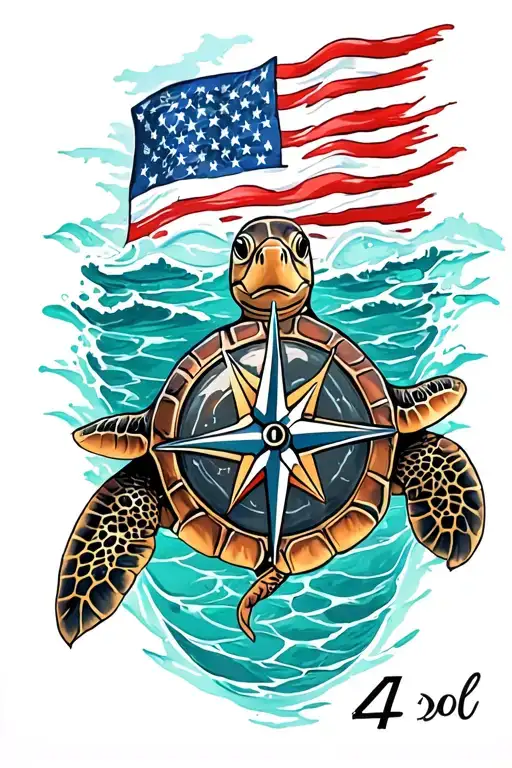 sea turtle with nautical compass; 4th of July/American Flag on turtle shell tattoo design idea