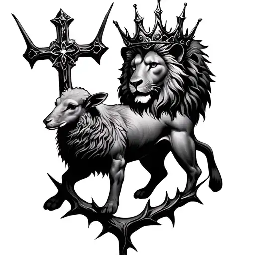 LION AND LAMB CROSS THORN CROWN tattoo design idea