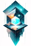 A geometric space landscape inspired by technology incorporating a small amount of cyan. element as metatron cube tattoo design idea