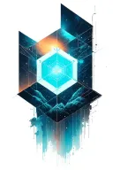 A geometric space landscape inspired by technology incorporating a small amount of cyan. element as metatron cube tattoo design idea
