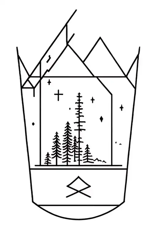 geometric minimalist black tattoo design for shoulder, combining elements of camping and forest, woodworking and trees,  tattoo design idea