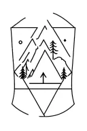 geometric minimalist black tattoo design for shoulder, combining elements of camping and forest, woodworking and trees,  tattoo design idea