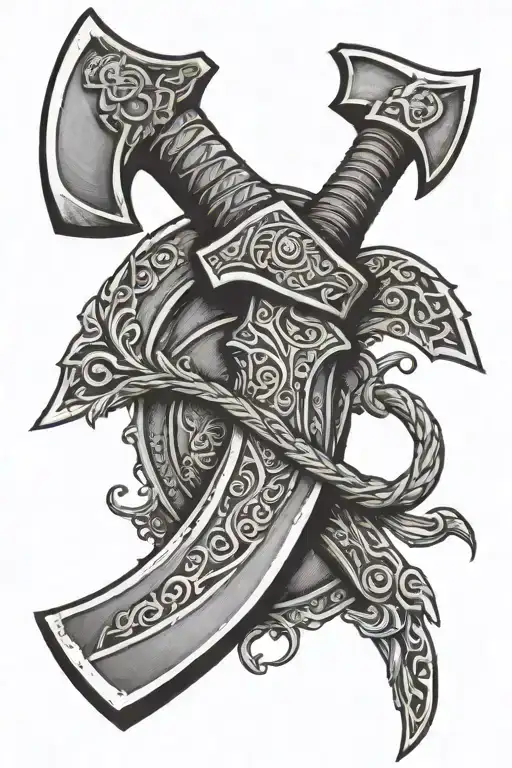 Viking axe crossed with Thor hammer tattoo design idea