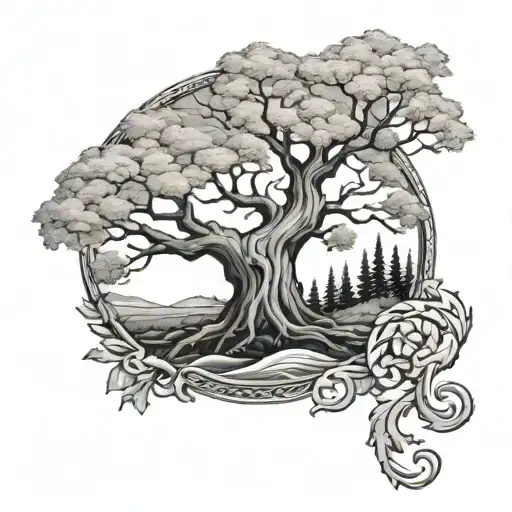 A tree in autumn with the namnes Edvin and Eira carved into the bark. Black and white tattoo design idea
