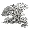 A tree in autumn with the namnes Edvin and Eira carved into the bark. Black and white tattoo design idea