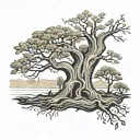 A tree in autumn with the namnes Edvin and Eira carved into the bark. Black and white tattoo design idea