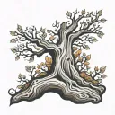A tree in autumn with the namnes Edvin and Eira carved into the bark. Black and white tattoo design idea