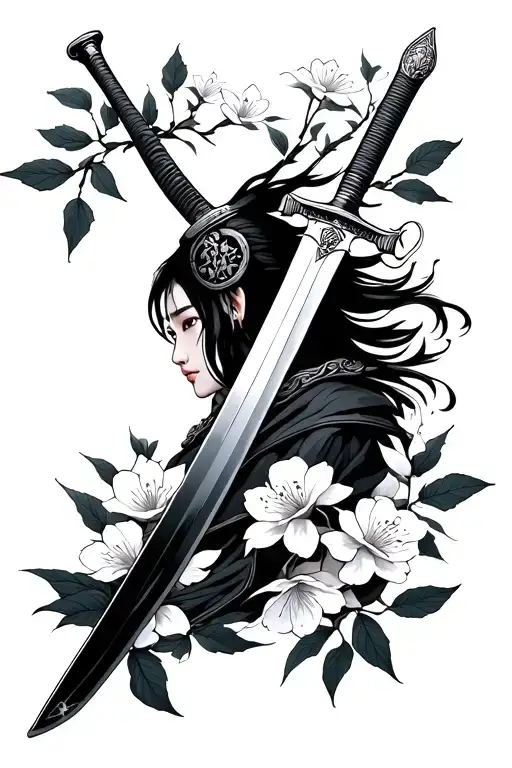 japanese chery blossom leaves around mulans sword tattoo design idea