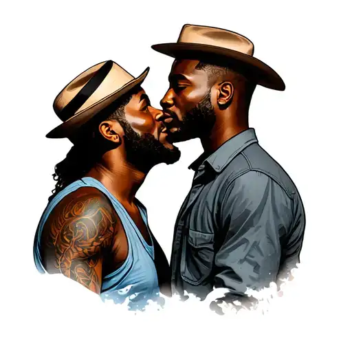 gay black guy and guy white farmer kissing each other tattoo design idea