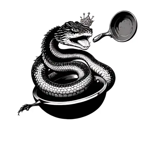 cobra wearing a tiara swinging a frying pan flying tattoo design idea