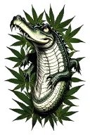 > “Black ink tattoo design for forearm, featuring a crocodile made of money with marijuana leaves in the background, rap tattoo design idea