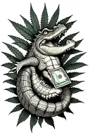 > “Black ink tattoo design for forearm, featuring a crocodile made of money with marijuana leaves in the background, rap tattoo design idea