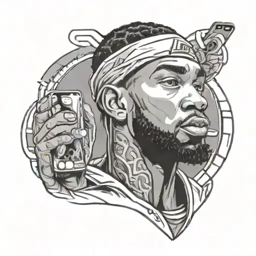 A portrait of a Lakers player with a smartphone integrated into the design, representing the client's love for the team and technology tattoo design idea