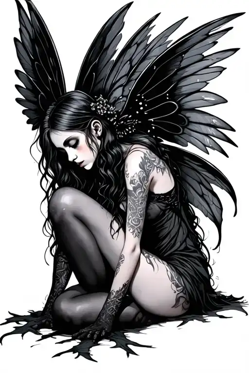 gothic fairy sitting on the floor with her face buried in her knees with big wings from the side tattoo design idea