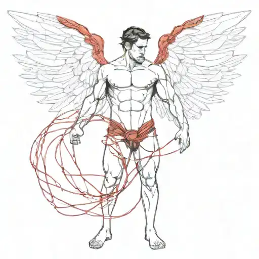 man in red thong with wings and restrained by red ropes tattoo design idea