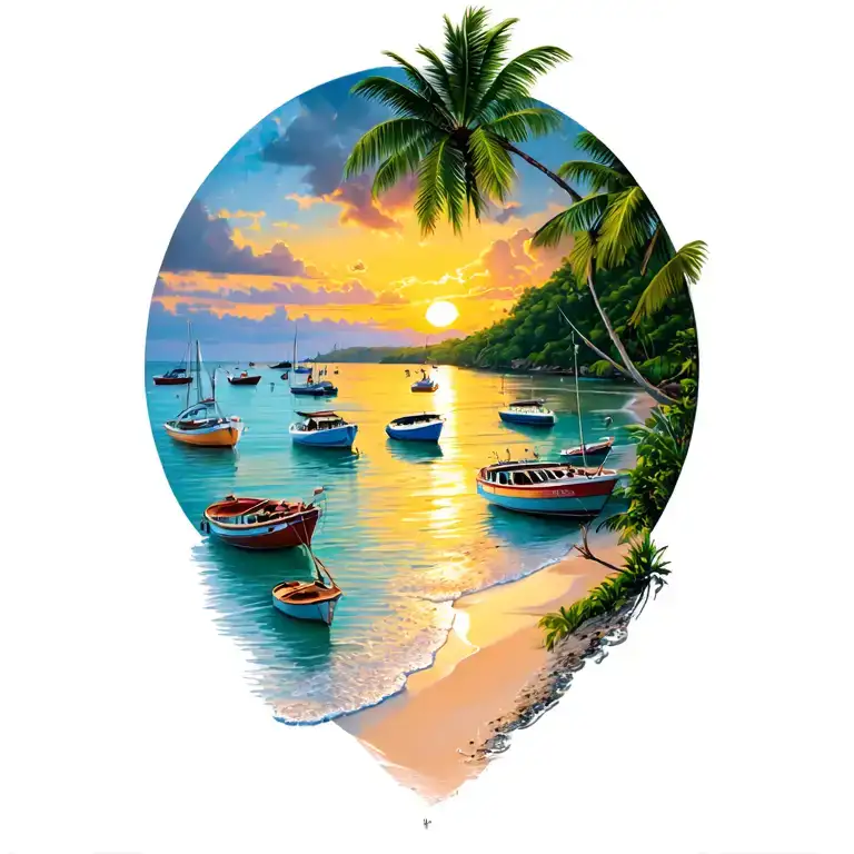 Sunset, Coco Beach & its Bay, Costa Rica, dozens of various size fishing + leisure boats anchored in distance in the Bay tattoo design idea