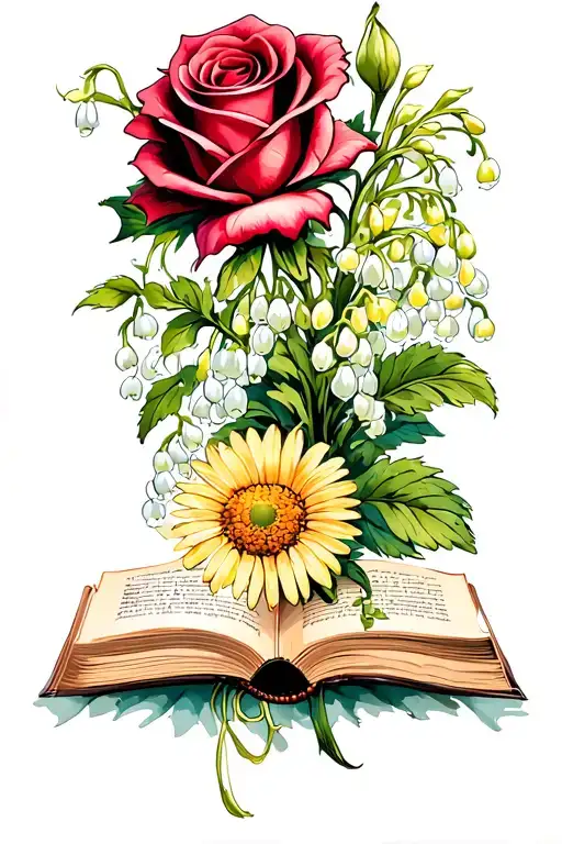 open book with a rose, daisy, lily of the valley, gladiolus tattoo design idea