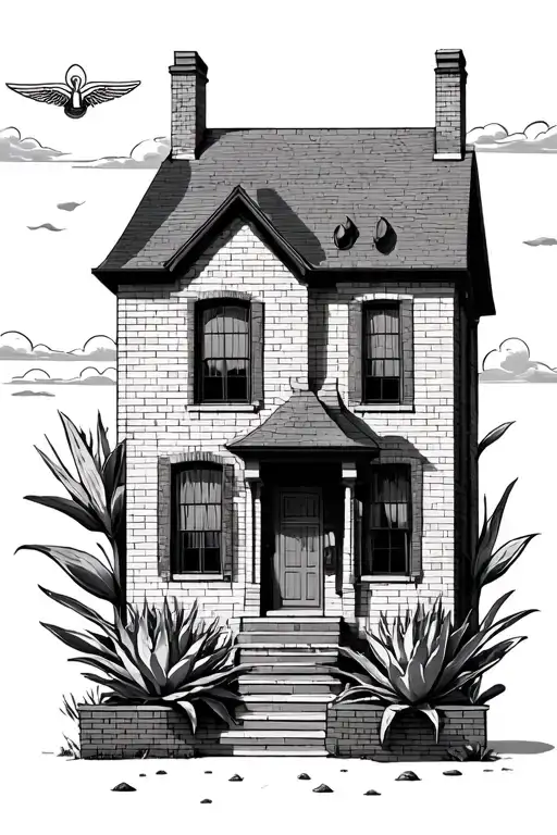 brick house with agave plant along both sides with heaven sky tattoo design idea