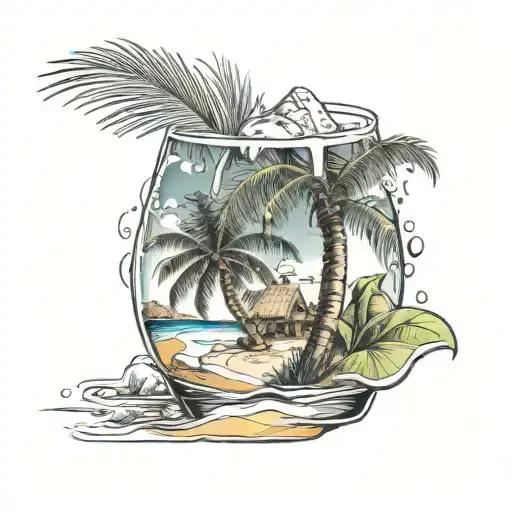 Brazilian buttocks and on them the island of Malta with palm trees, drinks tattoo design idea