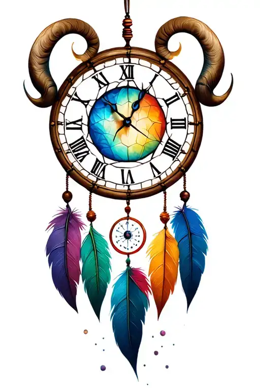 time clock, music, Aries and Leo and cancer zodiac dreamcatcher tattoo design idea