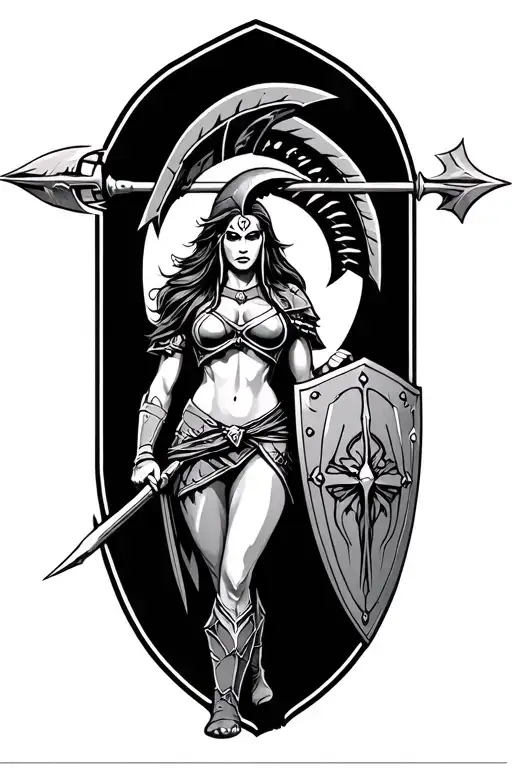 ares as a female spartan with spear and shield adorned tattoo design idea