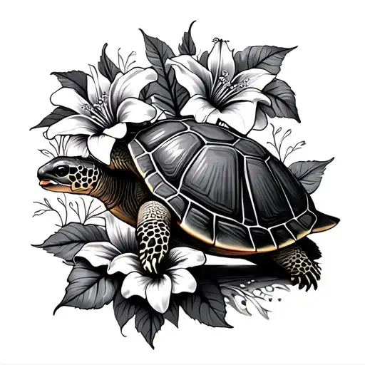 turtle with lilies,roses and hibiscus flower surrounded tattoo design idea