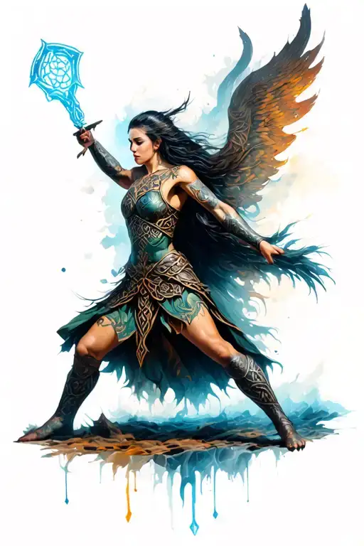female Celtic warrior battling tattoo design idea