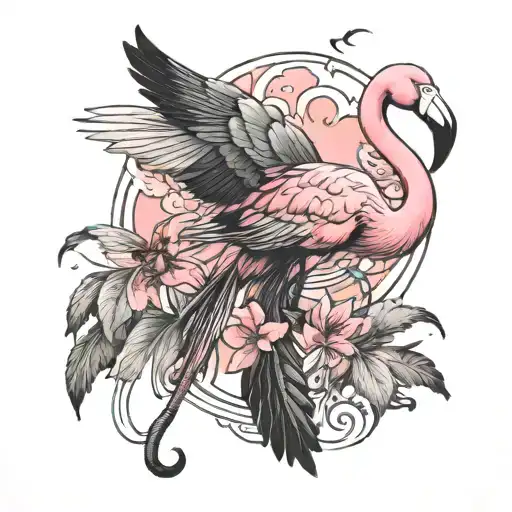 pink flamingo with a dragonfly with beautiful colors  flying at eye view like it's talking to the flamingo tattoo design idea