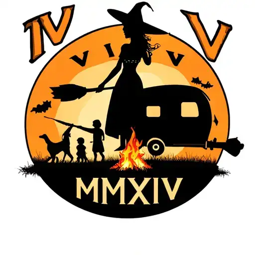 "IV V MMXIV" silhouette of busty sexy witch bride on broomstick over a campsite with a trailer and campfire with children & dog tattoo design idea