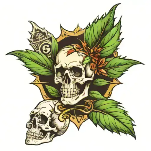 weed leaf , money , and skulls tattoo design idea