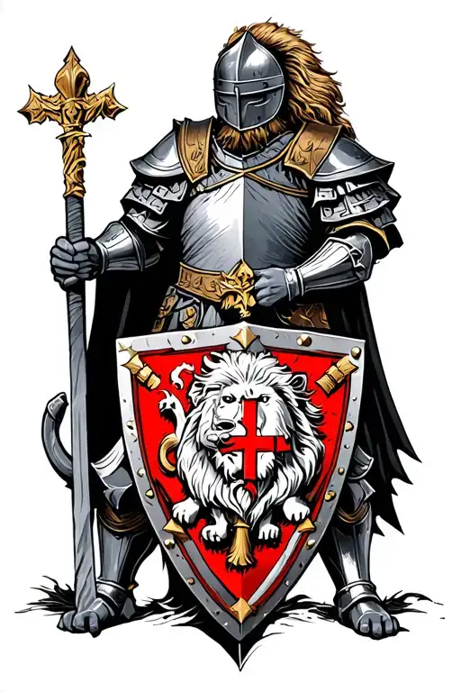knights templar holding shield with lion rampant in color tattoo design idea