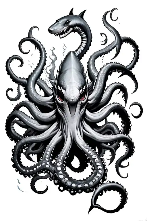 Kraken emerging from the depths surrounded by sharks tattoo design idea