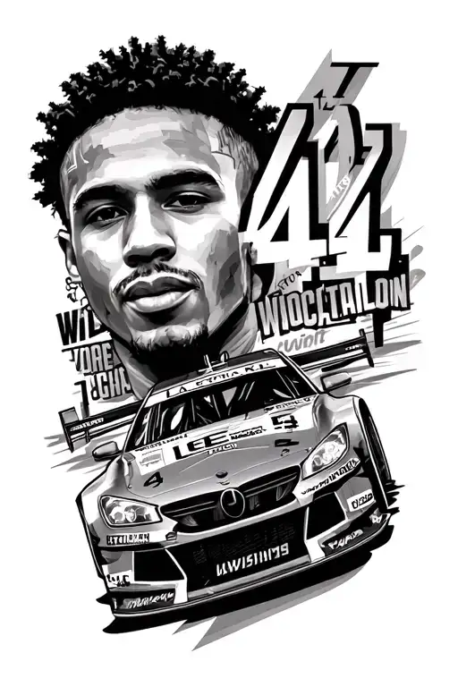 full leg lewis hamilton tribute with his w11 car his number 44 and his list of achievements  tattoo design idea
