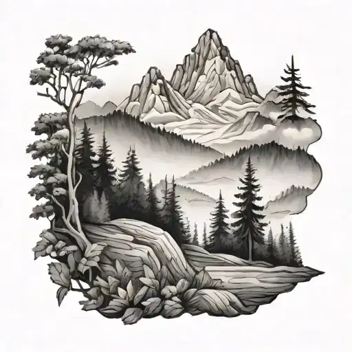 foggy forest with mountains  tattoo design idea