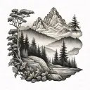 foggy forest with mountains  tattoo design idea