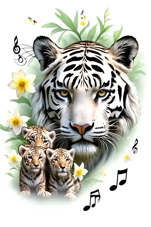 white tiger surrounded by 5 cubs, music notes, wind, narcissus tattoo design idea