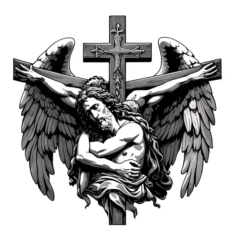 tattoo of the three crosses jesus was crucified on in the background with a warrior angel in front hugging a cross  tattoo design idea