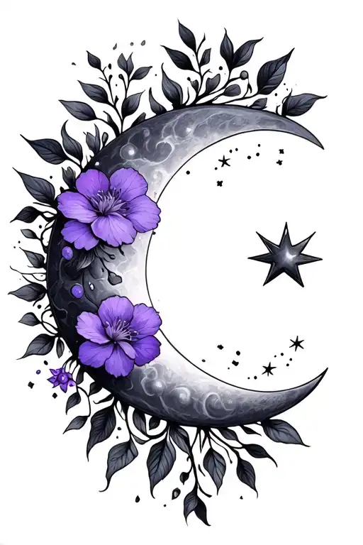 sun moon stars violet flower vines tattoo design idea