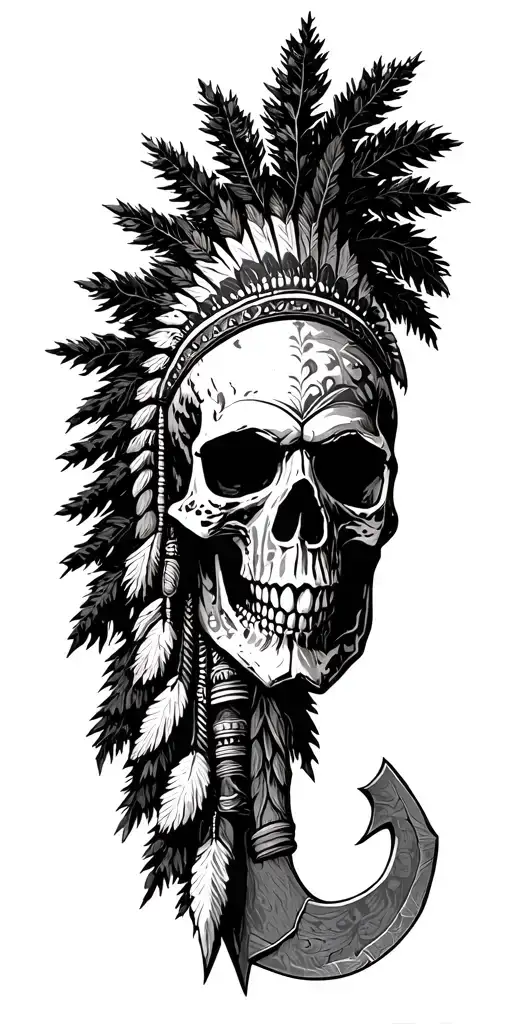 Native American skull axes mountians forests merge tattoo design idea