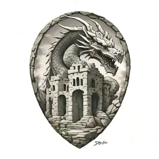 Very realistic stone dragon, ruins of an ancient castle tattoo design idea