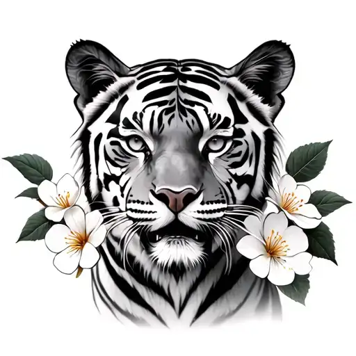 realistic cherry tiger and cherry flowers tattoo design idea