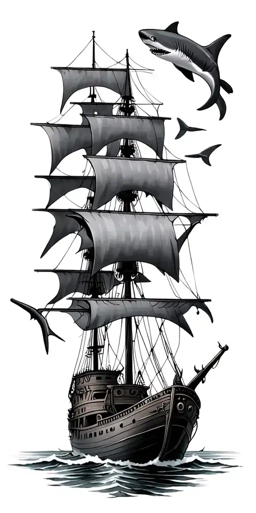 pirate ship and sharks swimming tattoo design idea