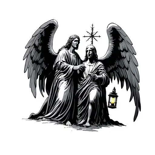weeping angel doctor who next to st micheal slaying the devil next to ghost of chritmas future holding a latern tattoo design idea
