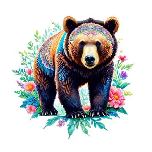 colorful bear with flowers surrounding it and mandala design incorporating elements tattoo design idea