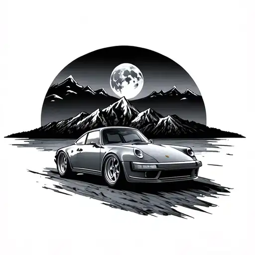 porsche 911 with mountains in the back with the moon tattoo design idea