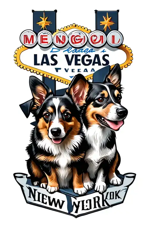 las vegas sign, New York City, Nashville, St. Louis. 6 corgi dogs tattoo design idea