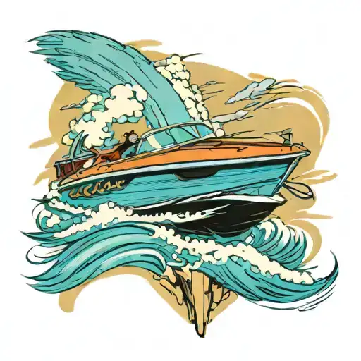 make tattoo of a 1949 Chris craft racing runabout speedboat. have colors be vibrant as possible and creative background tattoo design idea